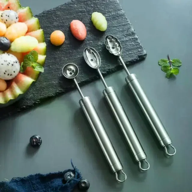 ช้อนแกะสลักผลไม้สแตนเลส 1 ชิ้น รูปทรงหยัก สำหรับแกะสลักและตักผลไม้ อุปกรณ์ครัว ทำความสะอาดง่าย 2