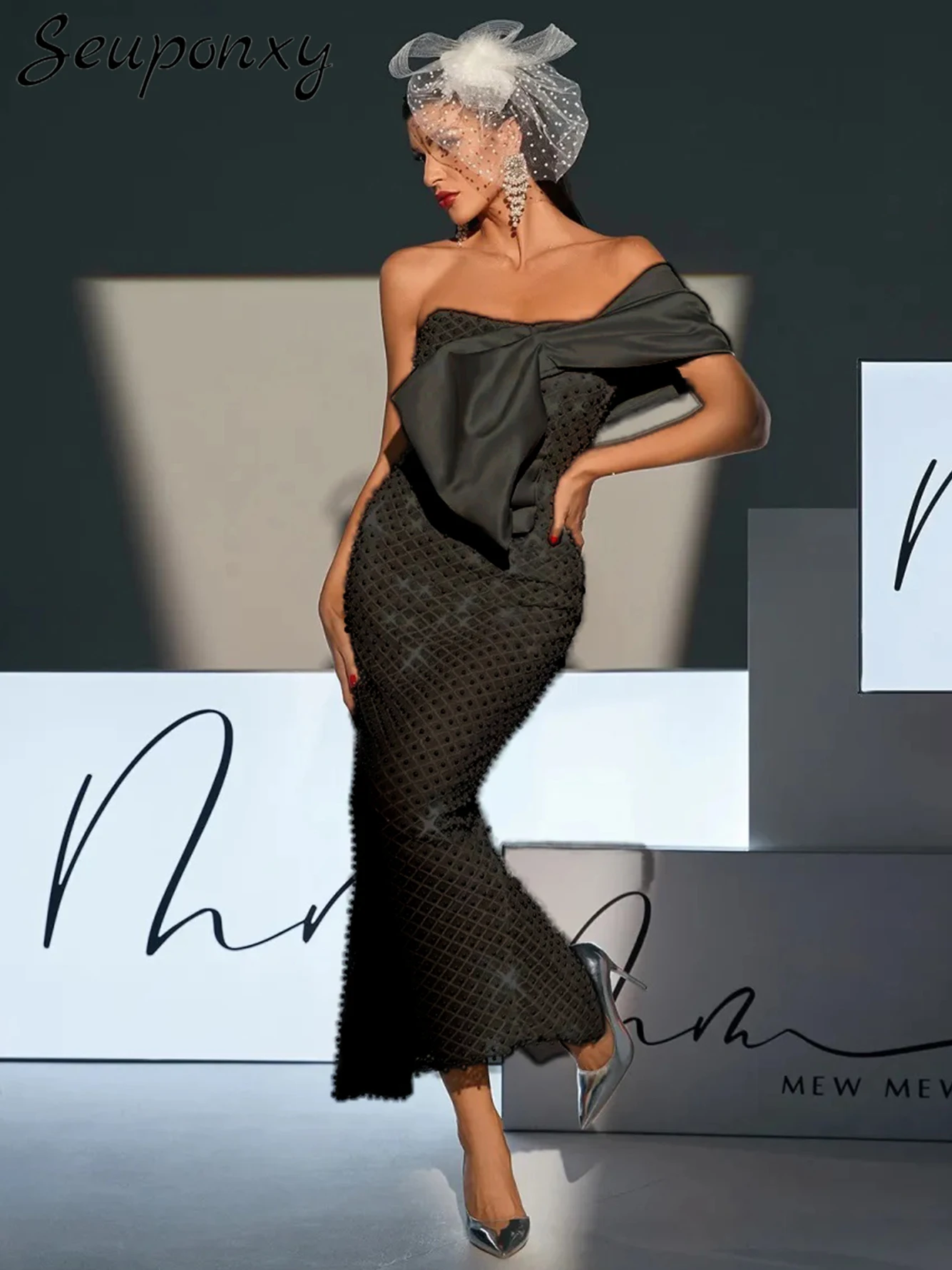 

Женское длинное платье на одно плечо, летнее платье без рукавов с бантом и бисером, платье в Звездном стиле, 2024