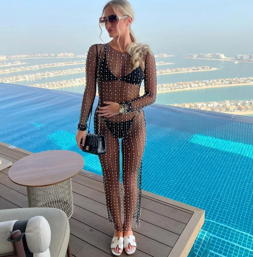 Yiiciovy Women's Bikini Cover-Ups Dress Ladies Long Sleeve Dress with Pearl Decoration See Through Mesh Sheer Pool Party Dresses 3