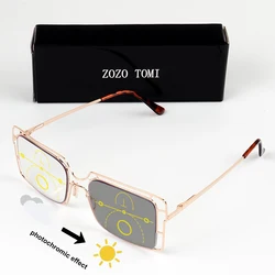 Stylish Unisex Photochromic Progressive Reading Glasses with Hollow Frame Design - +350 (Gold)