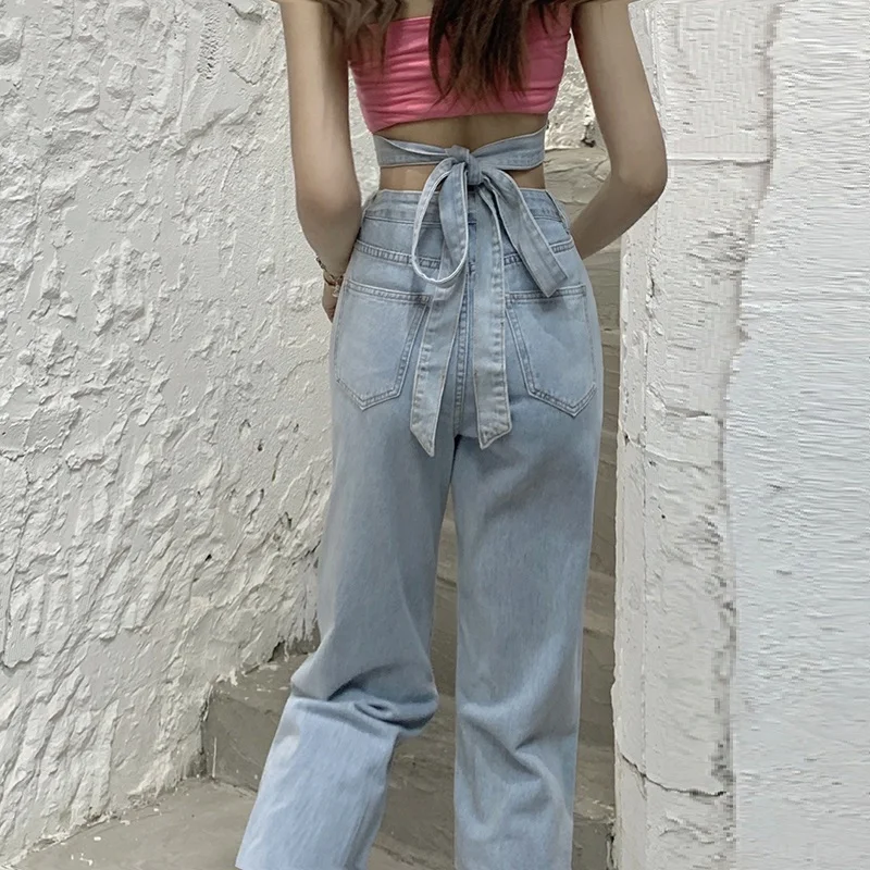 Ladies Jeans High Waist 2023 New Fashion Retro Flared Pants Loose Casual Cross Straps Bowknot Wide Leg Pant Women's Street Pants summer retro gothic denim patch shorts ladies trend high street harajuku high waist wide leg pants loose hot girl style