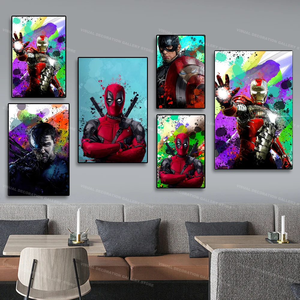 

Avengers Alliance Watercolor Spider Man Wall Art Poster Superhero Canvas Street Living Room and Home Disney Decoration Printings