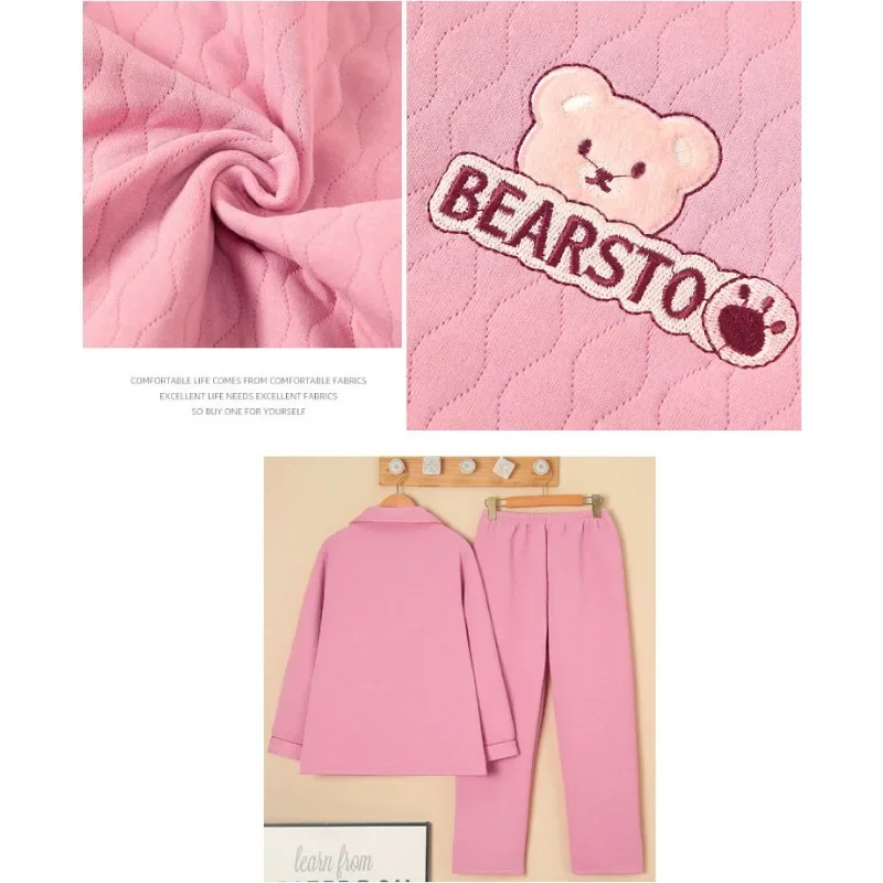 2024 New Pajama Women Autumn Winter Thick Loungewear Cotton Air Cotton Sandwich Sleepwear Warm Thicken Loose V-neck Homewear