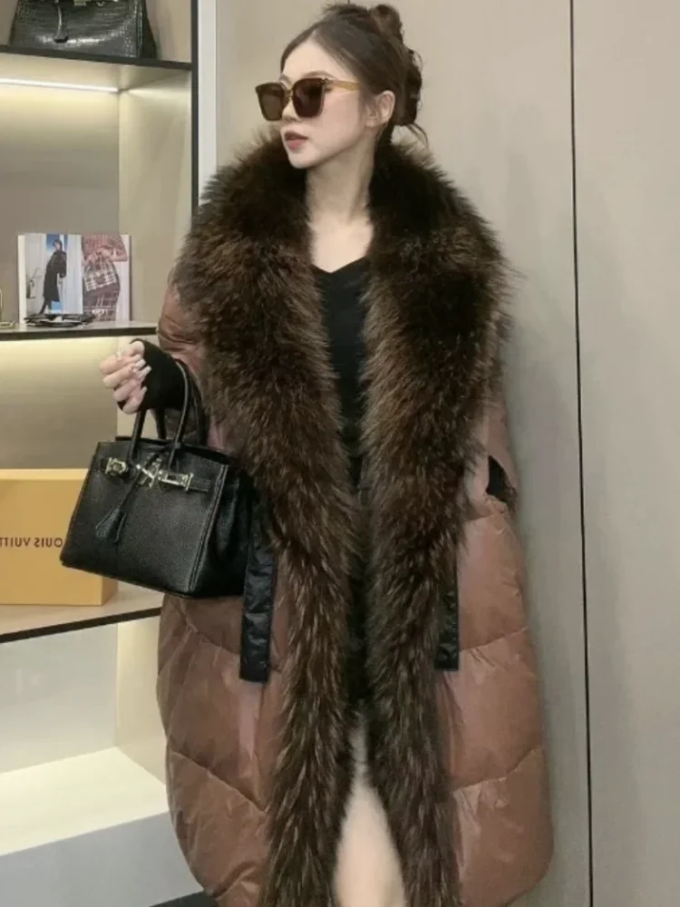 European Goods Winter New Down Jacket Women's High-End Fashion Mid-Length Raccoon Fur Collar Down Coats Long Sleeve Long Jackets