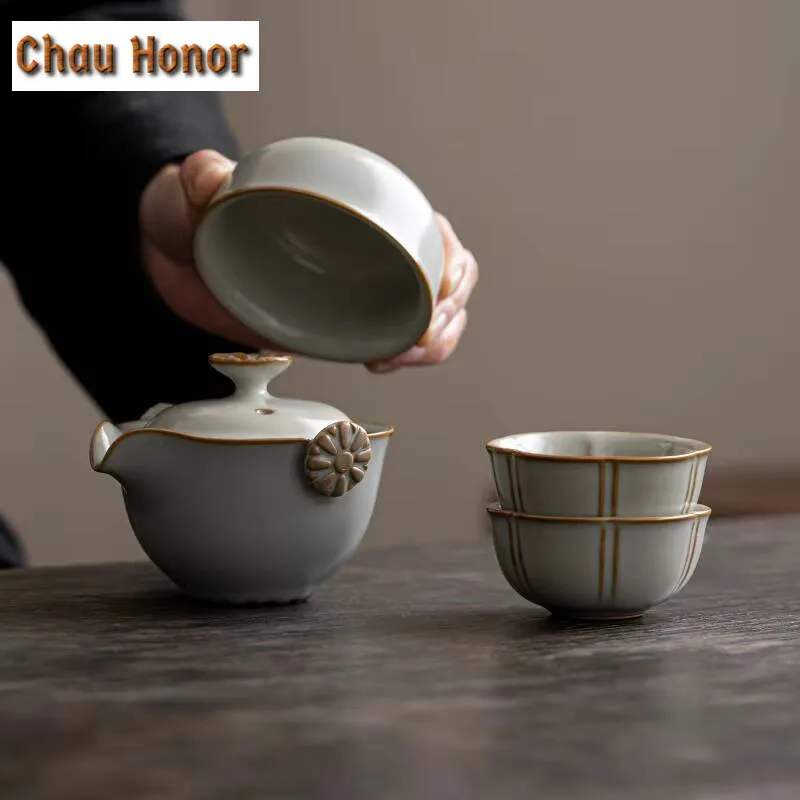 Retro Azure Ru Kiln Porcelain Tea Set Kit Ancient 1 Pot 3 Cups Tea Brewing Camping Handbag Chinese Tea Set Equipment Collection
