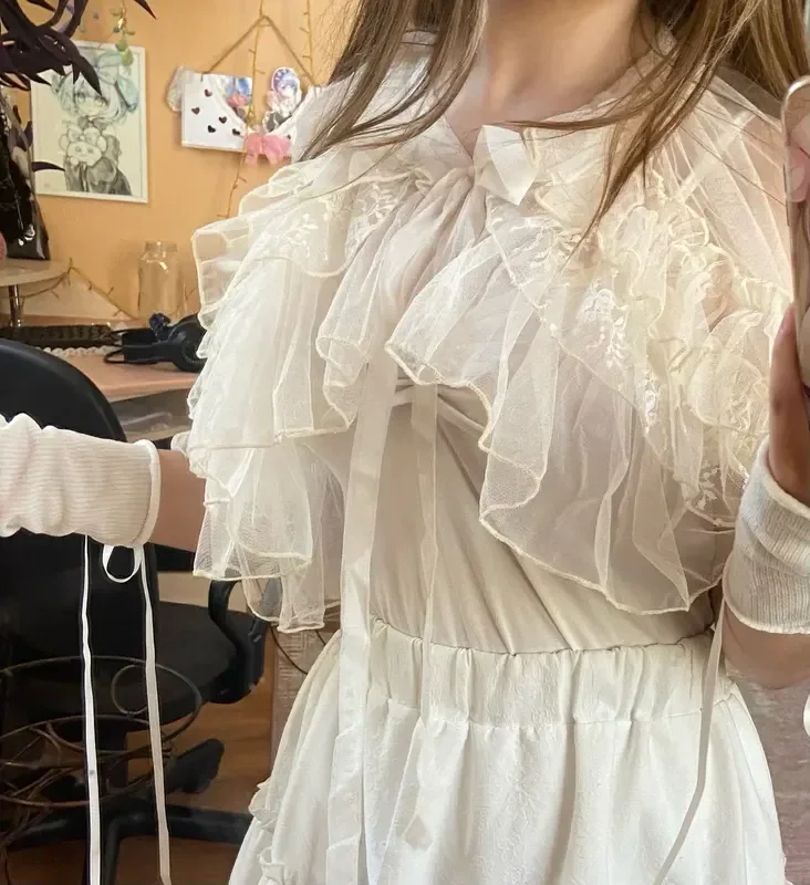 Lolita Kurze Schal Mantel Frauen Süße Kawaii Spitze Mesh Vorne Offen Poncho Gothic Mädchen Retro Nette Prinzessin Capes Oberbekleidung – Detail 3