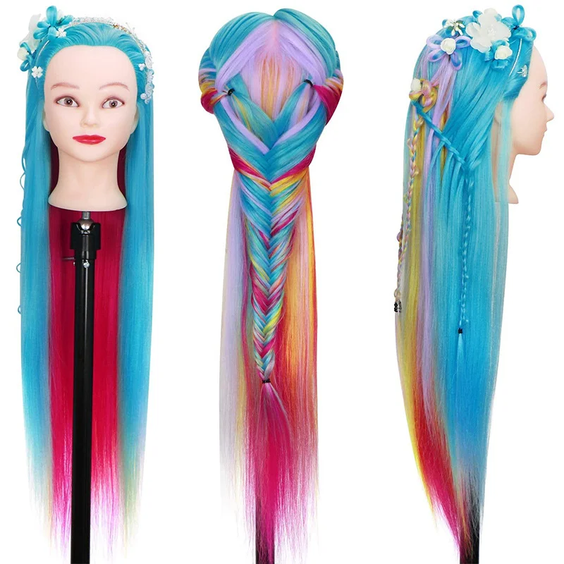 Colourful Synthetic Hair Mannequin Head With Free Clamp Stand And Tools 65cm Hair Styling Training Manikin Cosmetology Doll Head
