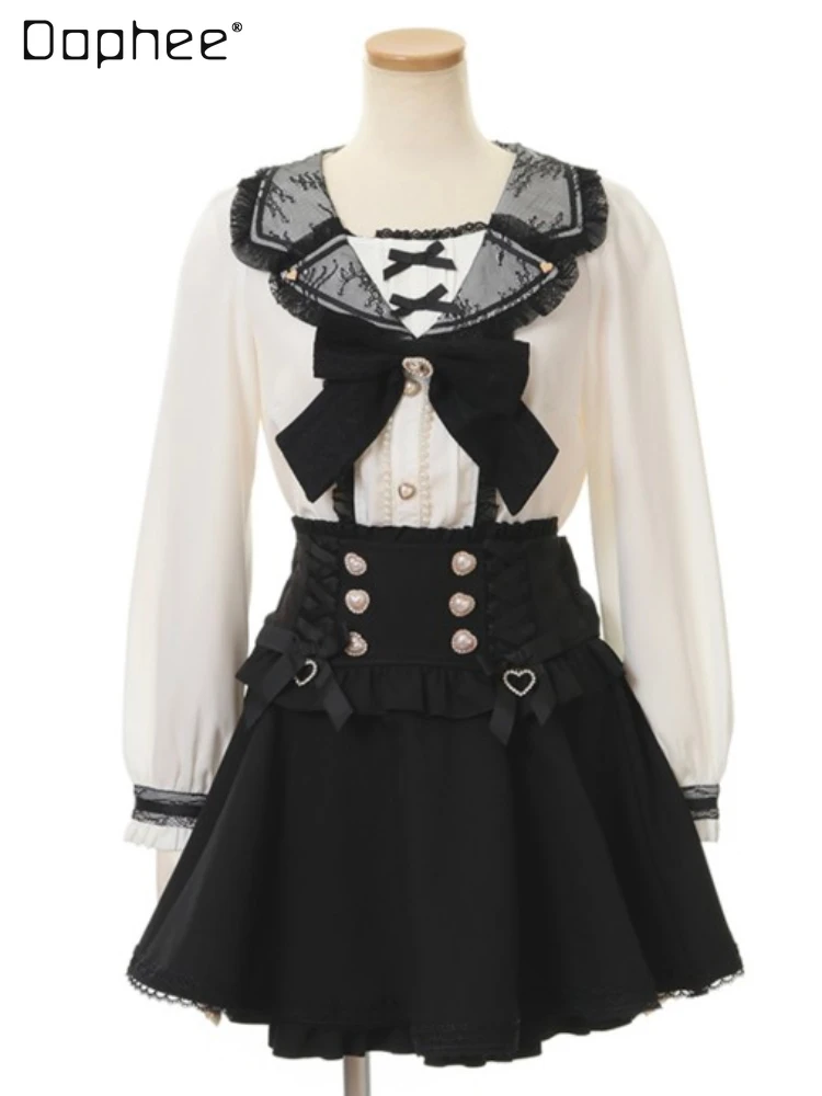 Japanese Liz Pearl Buckle Strap Skirt Woman Student Sweet Cute Mine Mass-Produced Ribbon Bow Diamond Removable Suspender Skirts