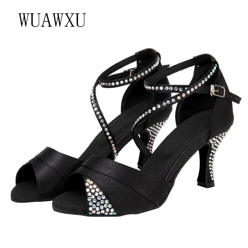 NATASHA New Latin Dance Shoes Adult Women Sexy High Heel Dance Shoes Black Diamond Dance Shoes Soft Sole Latin Dance Shoes 4.5-8