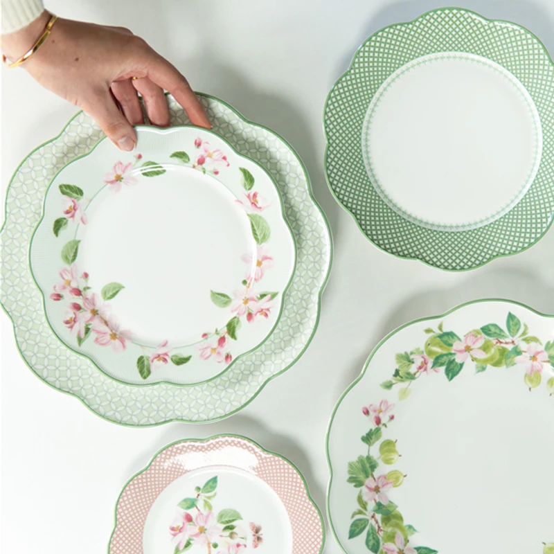 Ceramic Plate Household Bone China Dinner Plate Set Vintage Green Flower Dishes Tableware Oval Large Tray Dinnerware Sets