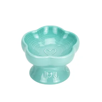1pc Ceramic High Footed Heart-shaped Slanted Mouth Pet Water Bowl Neck Protection Splash Proof for Cats and Dogs Feeding Bowl