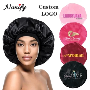 10Pcs Printed Logo Silk Bonnet BlueSatin Hair Bonnets For Black Women Pink Reusable Adjusting Hair Wrap Cap For Sleeping 42Cm