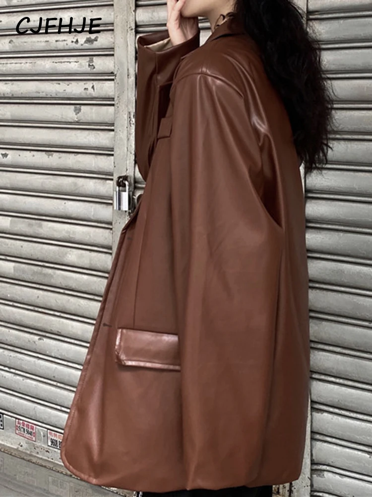 CJFHJE Korean Black Leather Moto Jacket Vintage Warm Female Loose Leather Suit Blazers Streetwear Fashion Women's Winter Coat