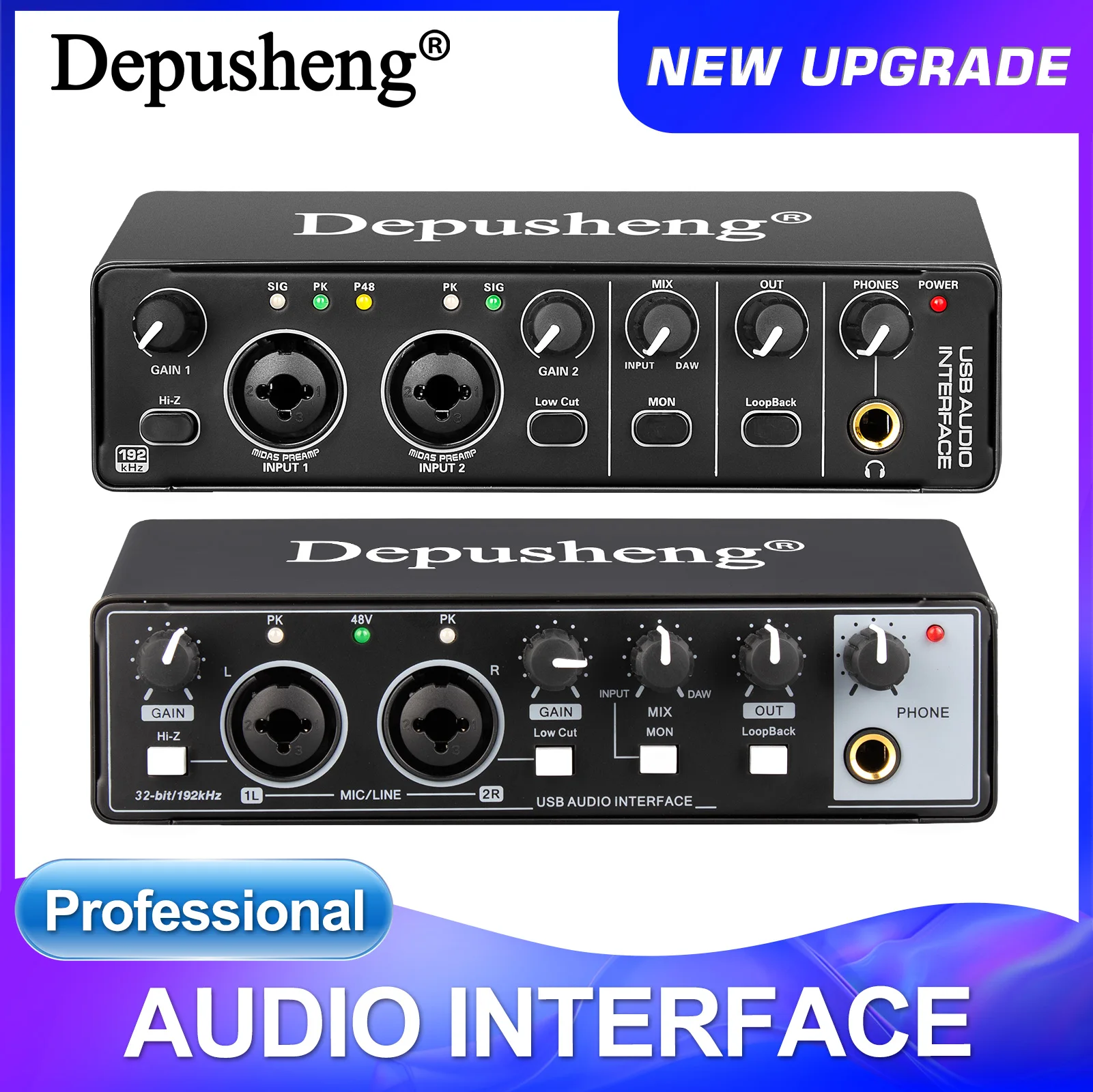 오디오 인터페이스 Depusheng MD22 USB 3.0 사운드 카드(모니터링 포함) 일렉트릭 기타 라이브 녹음용 스튜디오 노래 마이크로