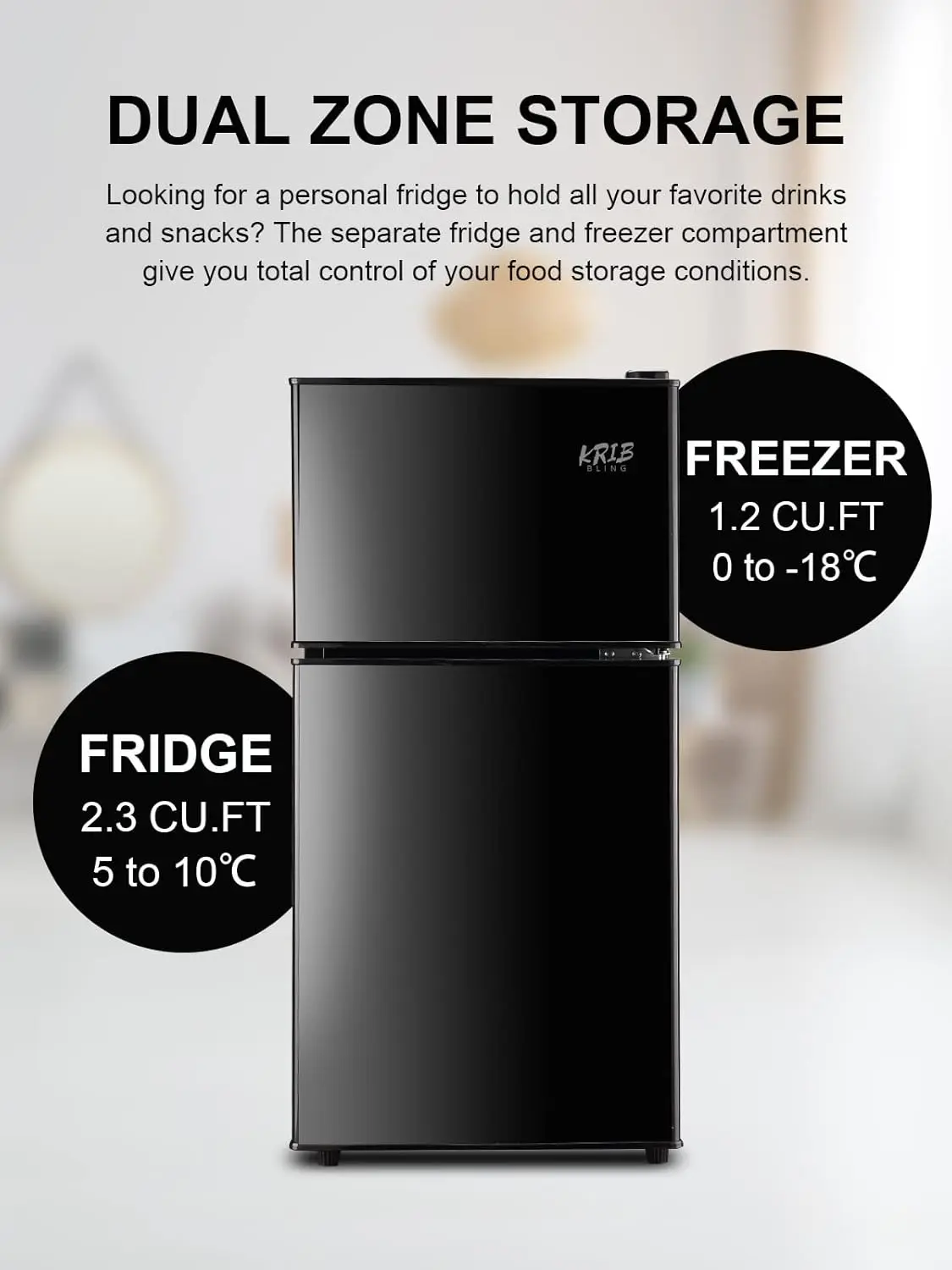 3.5 Cu.Ft Refrigerator 2 Door 7 Level Adjustable Thermostat Control Top-Freezer Refrigerator Lock Fresh Energy Saving Black