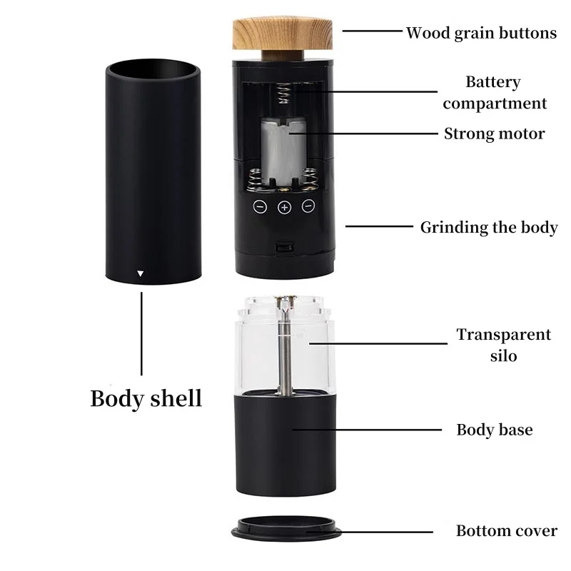 Electric Salt Pepper Grinder with Wood Lid Ceramic Burr Mill Adjustable Kitchen Grinding Gadgets for Herb/Pepper/Spice Black