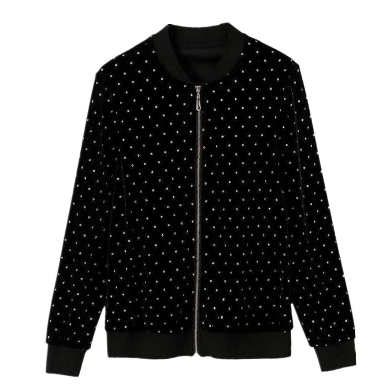 Thin Coat with Dots and Zipper for Women, Black Jackets, Golden Velvet, Thin Tops, Female Clothing, Outwear, M-5XL, Spring women jackets zaful hooded velvet zip up jacket m purple