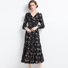 

New Spring Summer Dress For Women 2022 Fashion V-Neck Long Sleeve Floral Print Dress High Waist Pleated Ruffles Long Dress
