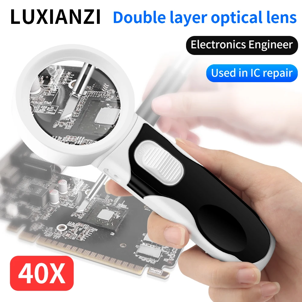 

LUXIANZI 30X/40X Handheld Magnifier HD Glass Lens Optical for Seniors Repair Reading Tool With LED Illuminated Jewelry Loupe