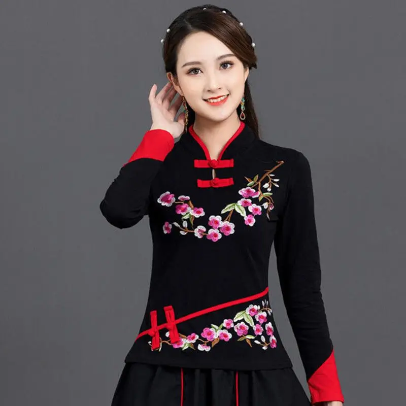 Traditional Chinese Clothing Womens Plus Size Tops 2023 Summer Cotton Blend Embroidery Color Splicing Tang costume Shirts Woman