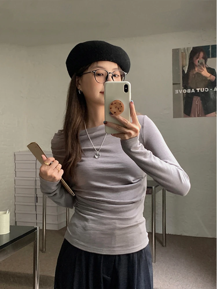 

Y2k Women's Long Sleeve Top One Word Neckline Slim Fit Pullover T Shirt Korean Fashion Folds T Shirts 2023 Autumn New Tees