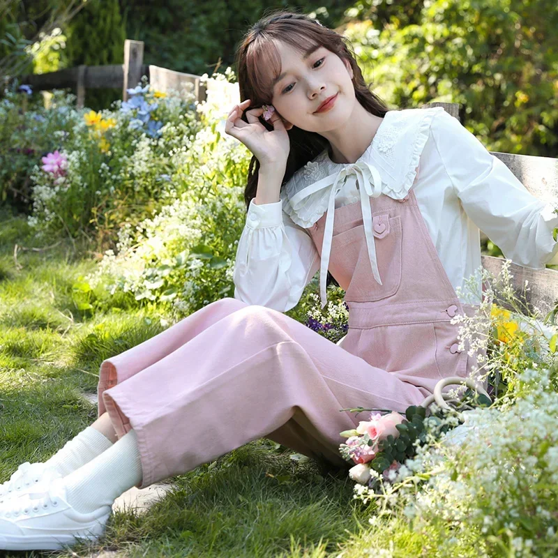 Spring Autumn Women Mori Girl Denim Jumpsuits Orange-Pink Loose Pocket Overalls Cute Kawaii Sweet Jeans With Heart Buttons 2