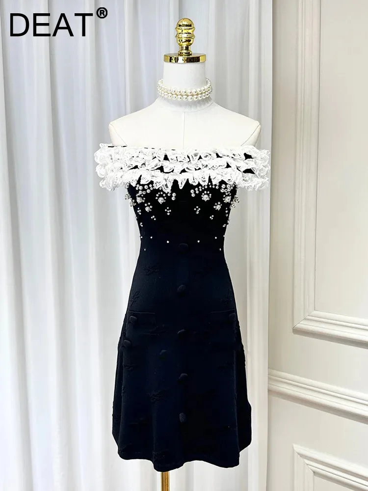

DEAT Fashion Women's Embroidery Diamonds Slash Neck Dress 2024 Spring Patchwork Sleeveless Party Dresses Female New Items 15C09