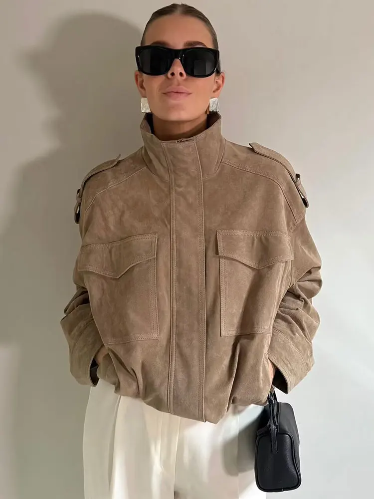 HH Women Casual Solid Jackets Turtleneck Long Sleeve Zipper Loose Coats With Pocket Autumn Casual Office Lady Outwear