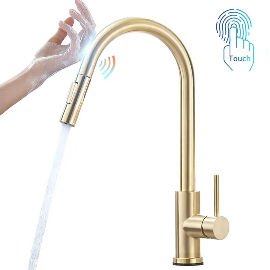 Smart Touch Sensor Torneiras de Cozinha Torneira Sensível Indutiva Torneira Misturadora Single Handle Modos de Água de Saída Dupla Ouro Escovado 1005j