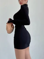 Col roulé manches longues robes noir Sexy plissé moulante Mini robe 2025 automne hiver femmes Streetwear fête Club Y2K vêtements 1