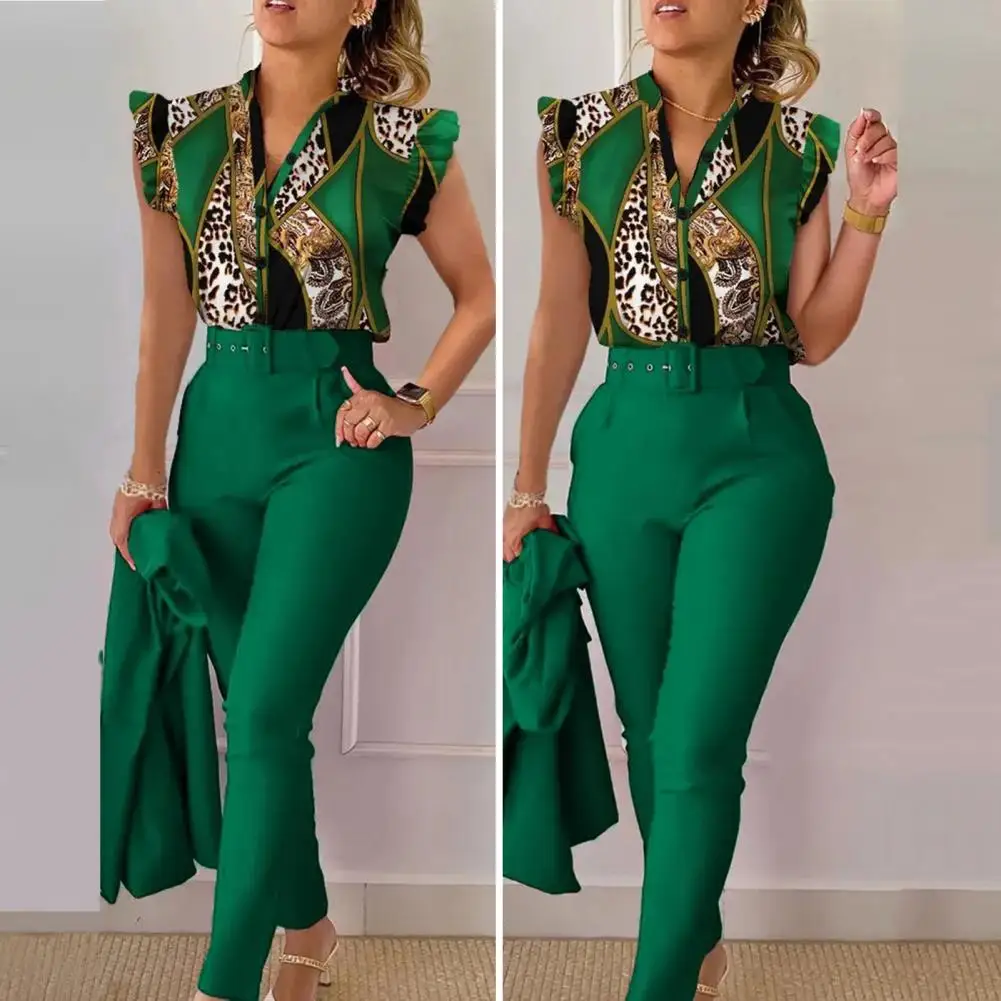 women flying sleeves suit elegant women s office wear set with v neck top high waist pants belt chic slim fit outfit for work Women Flying Sleeves Suit Elegant Women's Office Wear Set with V Neck Top High Waist Pants Belt Chic Color Matching for Work