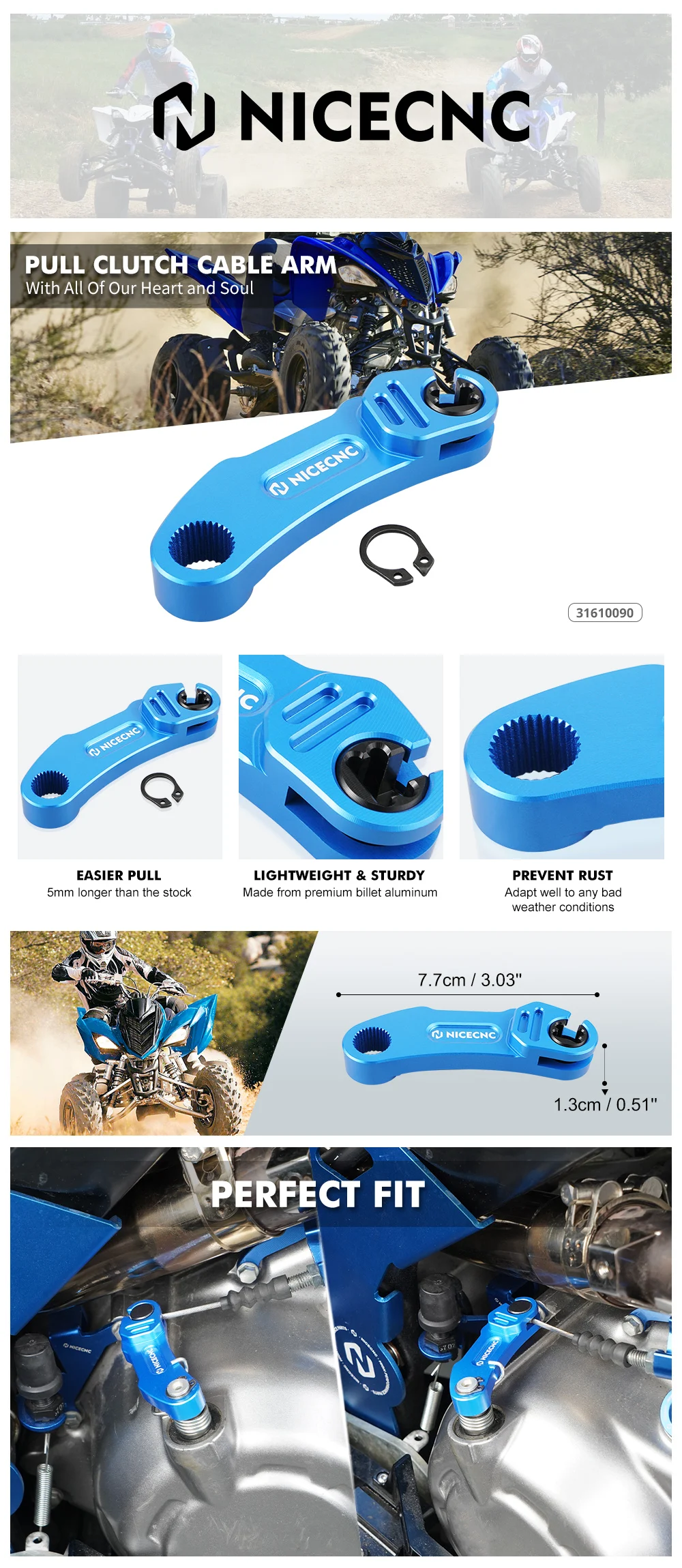NiceCNC Pull-Kupplungszug-Arm für Yamaha Raptor 700 2006–2024, 700R 2011–2024, Push-Hebel-Baugruppe, Billet-Aluminium, ATV-Zubehör – Detail 2