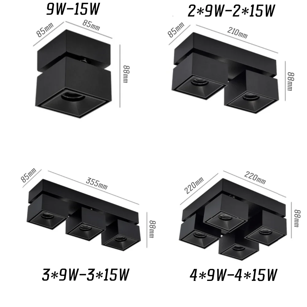 Square LED Downlights Ceiling light Dimmable 360° Rotation 90 ° Folding 9W 15W 1-4 head COB Spotlights AC110V 220V Home business