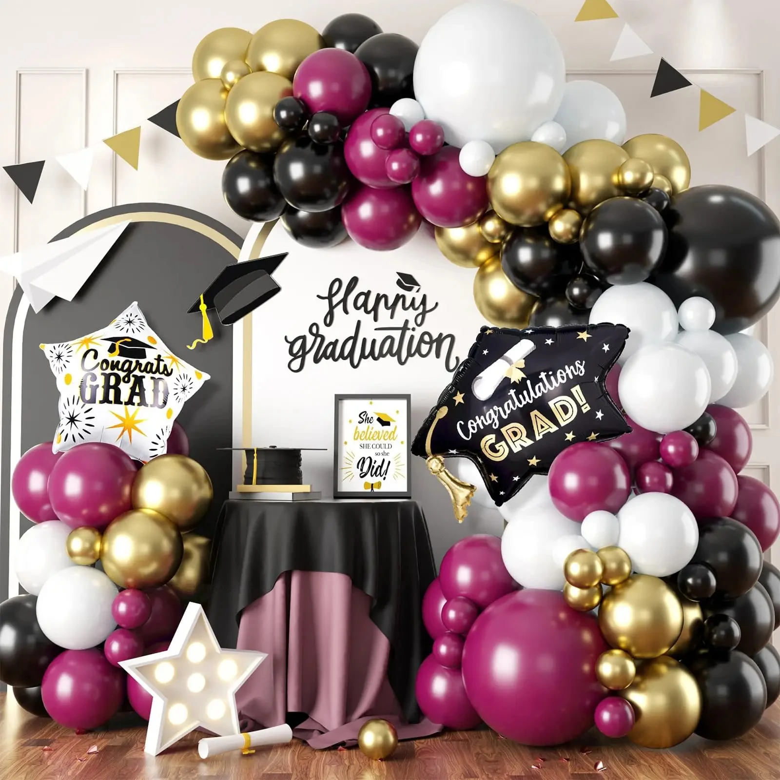 2024 Graduation Balloon Arch Kit Burgundy Black White Gold Balloons Garland Set Graduation Hat Balloons for Party Decoration