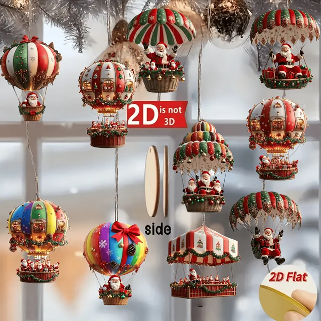 10 Uds. Globo de aire caliente de madera de Navidad Santa Claus 2D colgante plano de madera decoración de árbol de Navidad decoración de regalo de vacaciones perfecta - Imagen 3