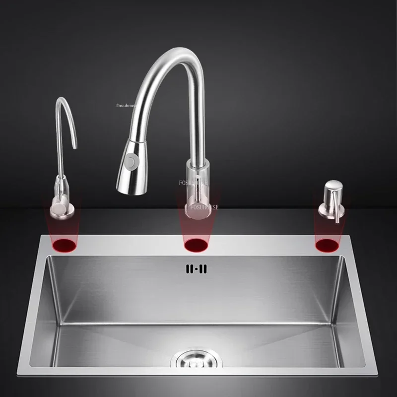 Three-hole Silver Stainless Steel Kitchen Sinks Luxury Kitchen Accessories Handmade Washbasin Single-slot Home Washing Sinks Z