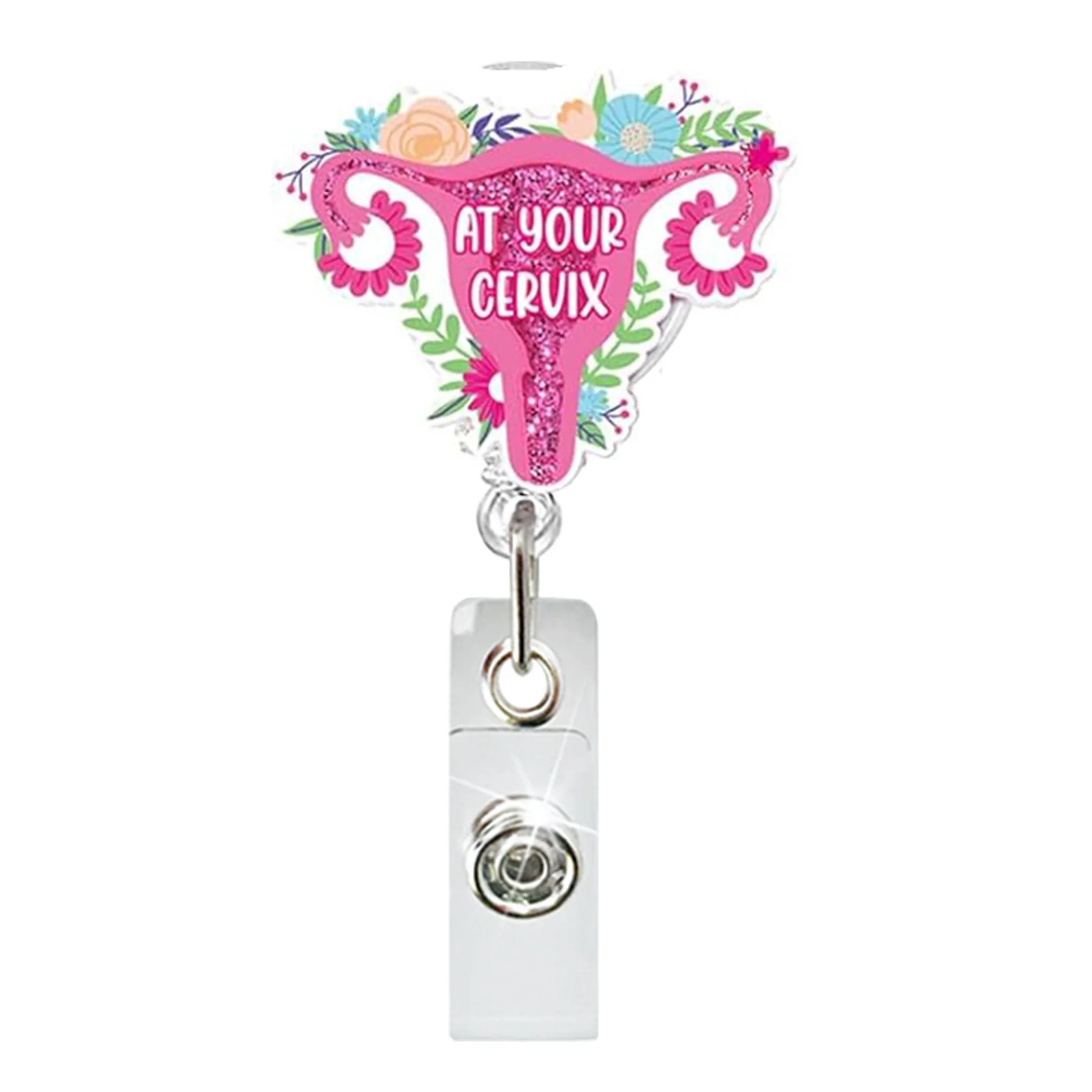 Acrylic Glitter Baby Uterus Donut Retractable Badge Reel Rotating Crocodile Clip ID Badge Holder for Doctor Nurse 4