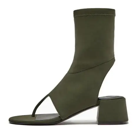 

Dark Green Lycra Round Toe Clip Toe Thong Slingback Ankle Boots Women Med Square Heels Elastic Zipper Side Short Boots Shoes