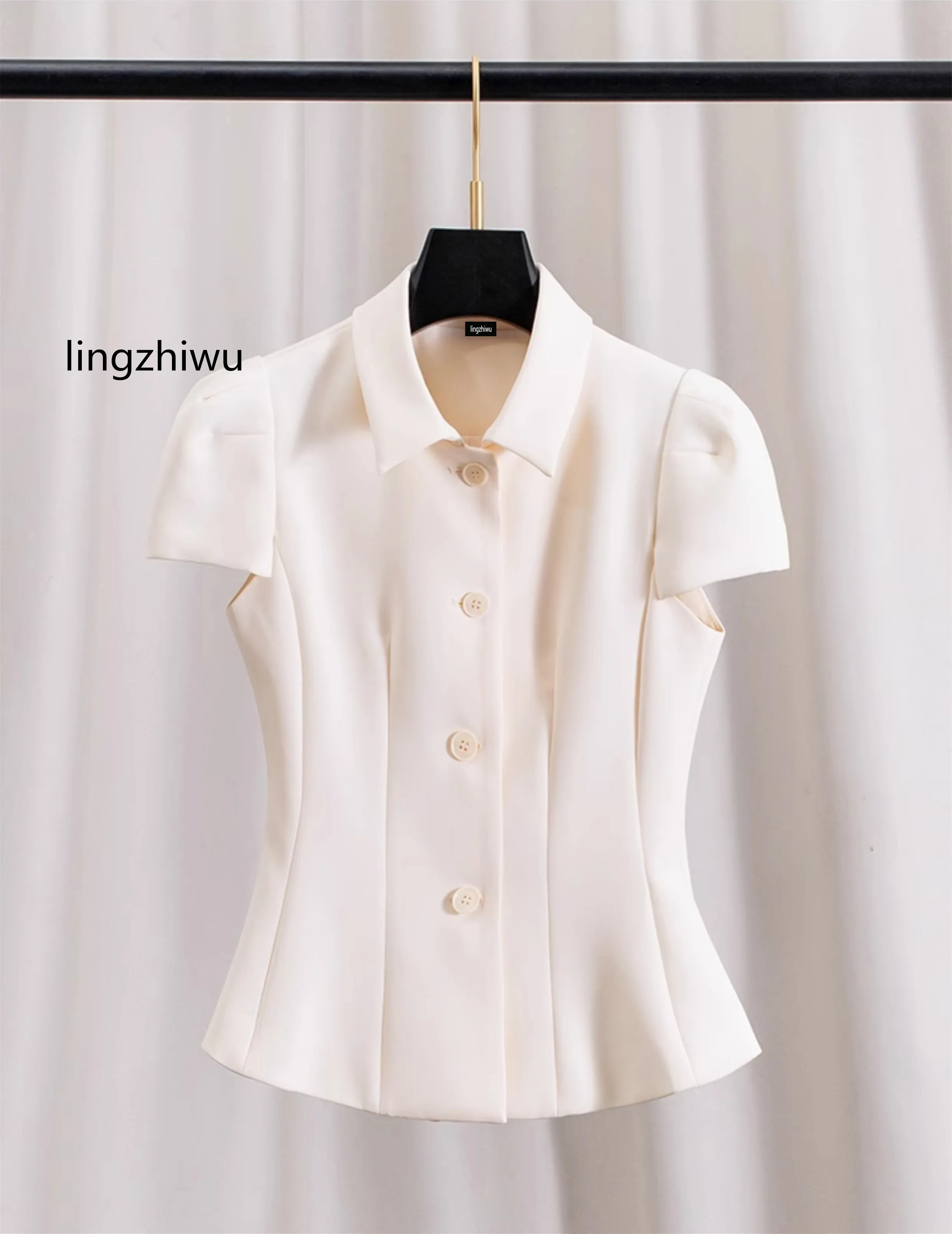 

lingzhiwu Wool Silk Blouse Design High Waist Slim Elegant Short Top Female Summer Top Quality Shirt Short Sleeve New Arrive