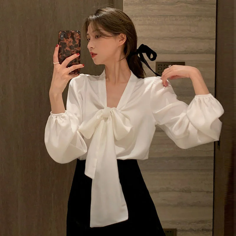 

Autumn New Design Sense Minority White Shirt Female Tie V-neck Chiffon Top Blusas Clothes for Women Shirts Blouse