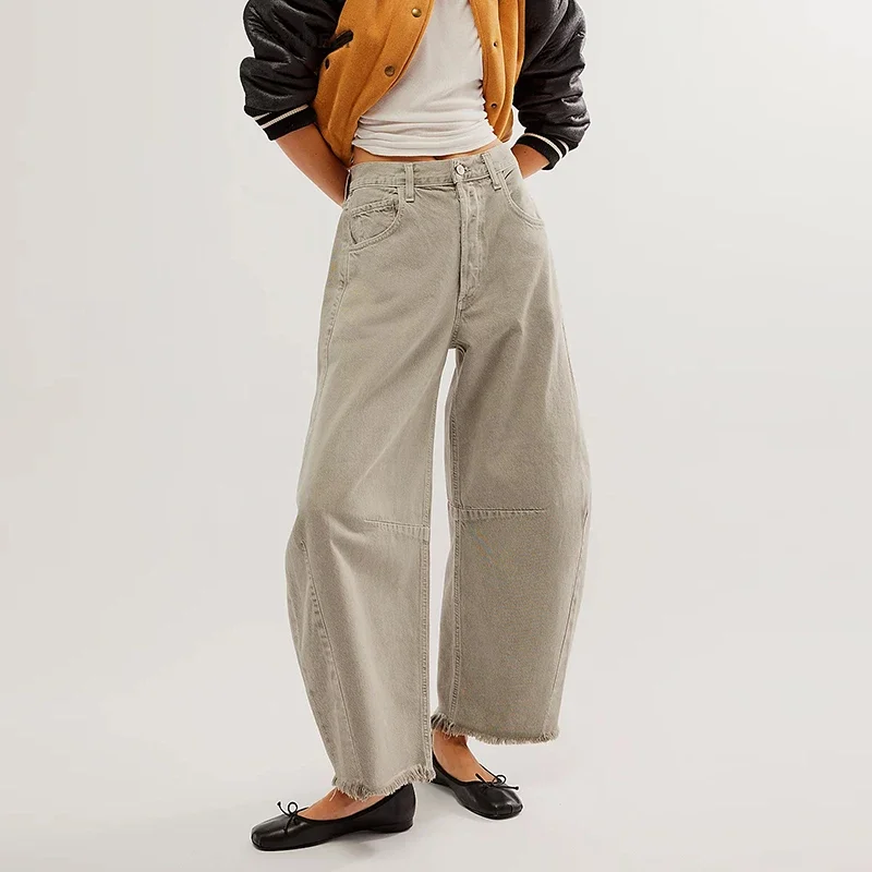 Street Clothing Casual Straight Leg Pants New Solid Color Wide Leg Jeans, Fashionable Button Pocket Short Women's Pants YDL15