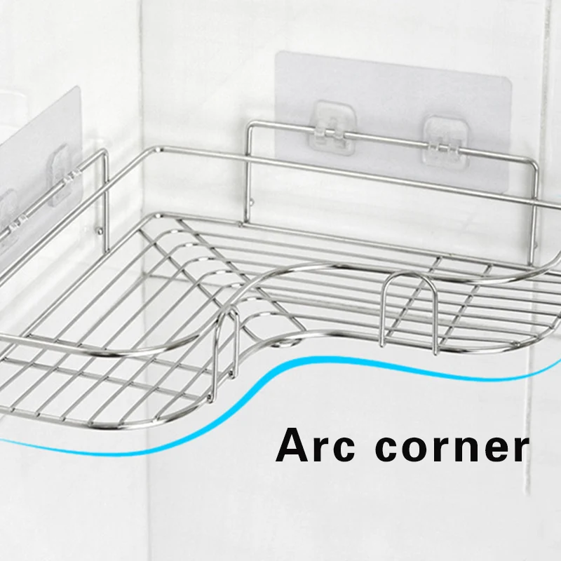 Stainless Steel Triangular Holder Shelf Wall Mounted Adhesive Shampoo Shower Storage Rack Kitchen Bathroom Organizer 2