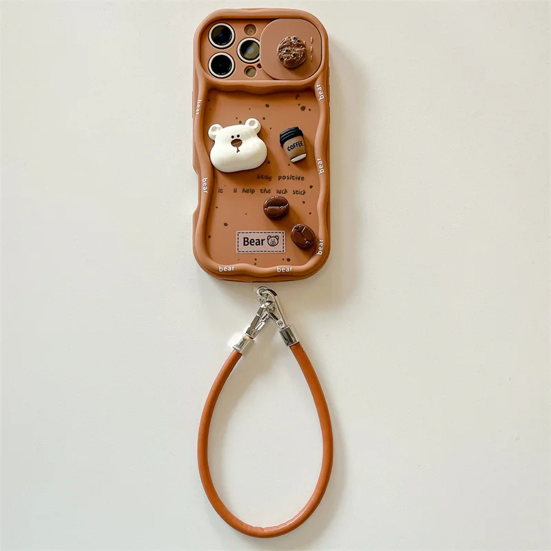 3D Coffee Cartoon Bear Phone Case with Wrist Strap and Push-Pull Sliding Camera Shockproof Cover