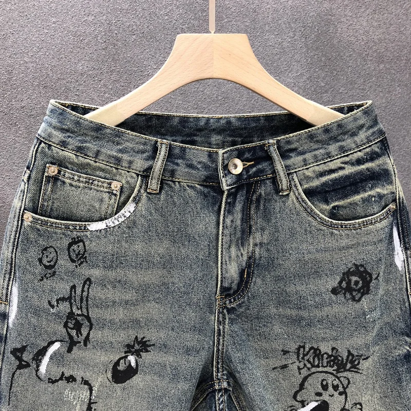 2024 New Denim Printed Shorts For Men'S Summer High-End Fashion Trend Brand Retro Casual Loose Leg Washed Knee Pants