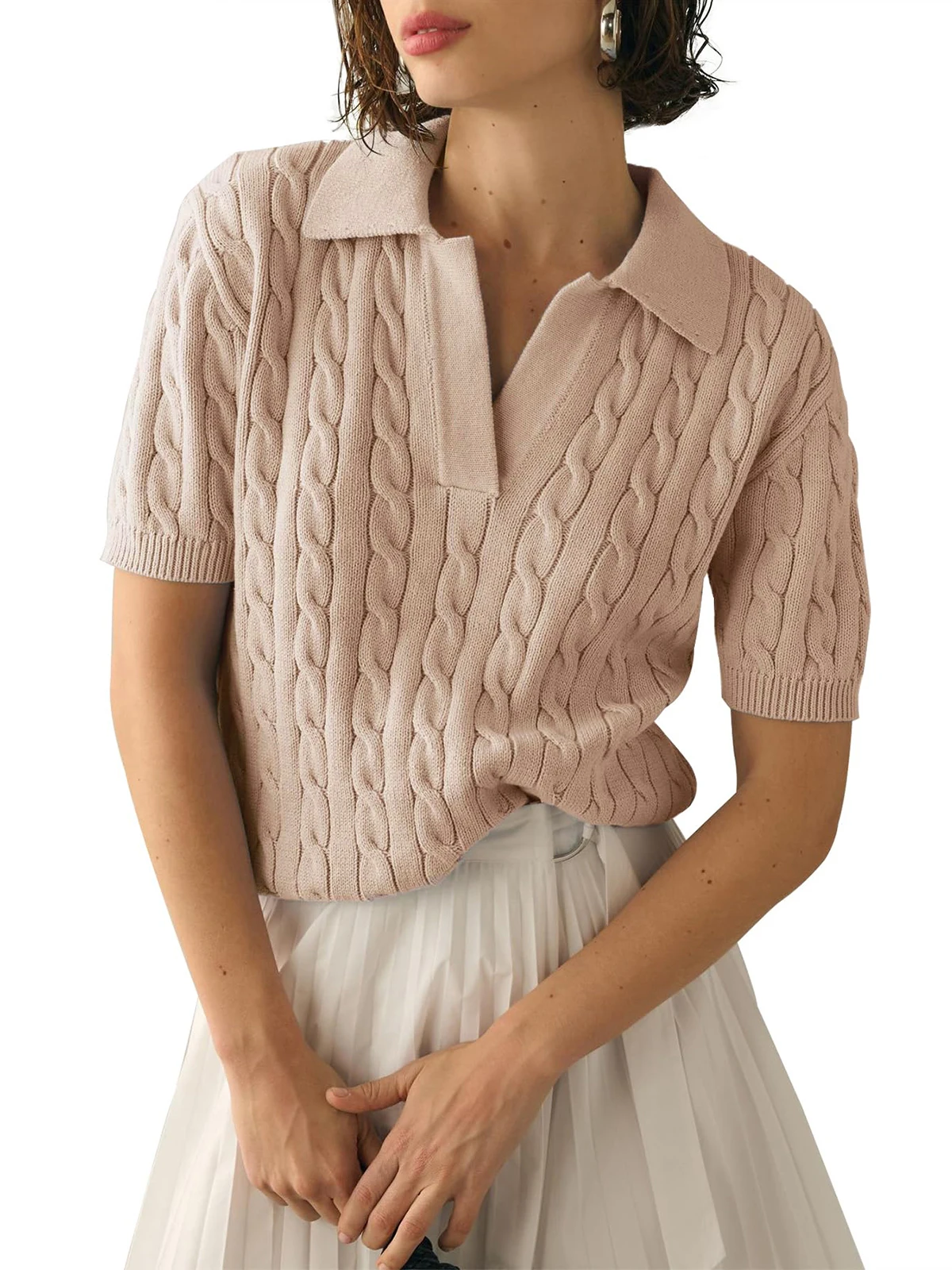 トップス NODUSix Cable Collar Short Sleeve Knit MUSINSA公式 | NODU Six Cable Collar Short Sleeve Knit [Beige]