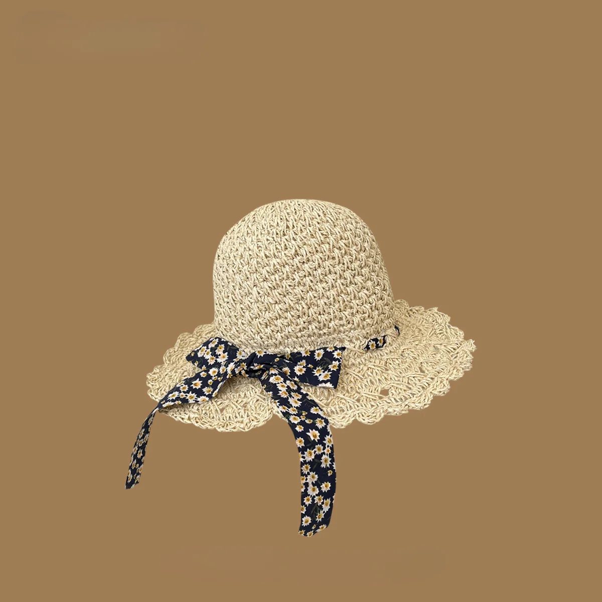 thumbnail image 1 of Sombreros de paja con lazo de flores pequeñas para mujer, gorros de pescador portátiles plegables, portátiles, con ala grande, color azul, japonés, para verano, 1 of 5