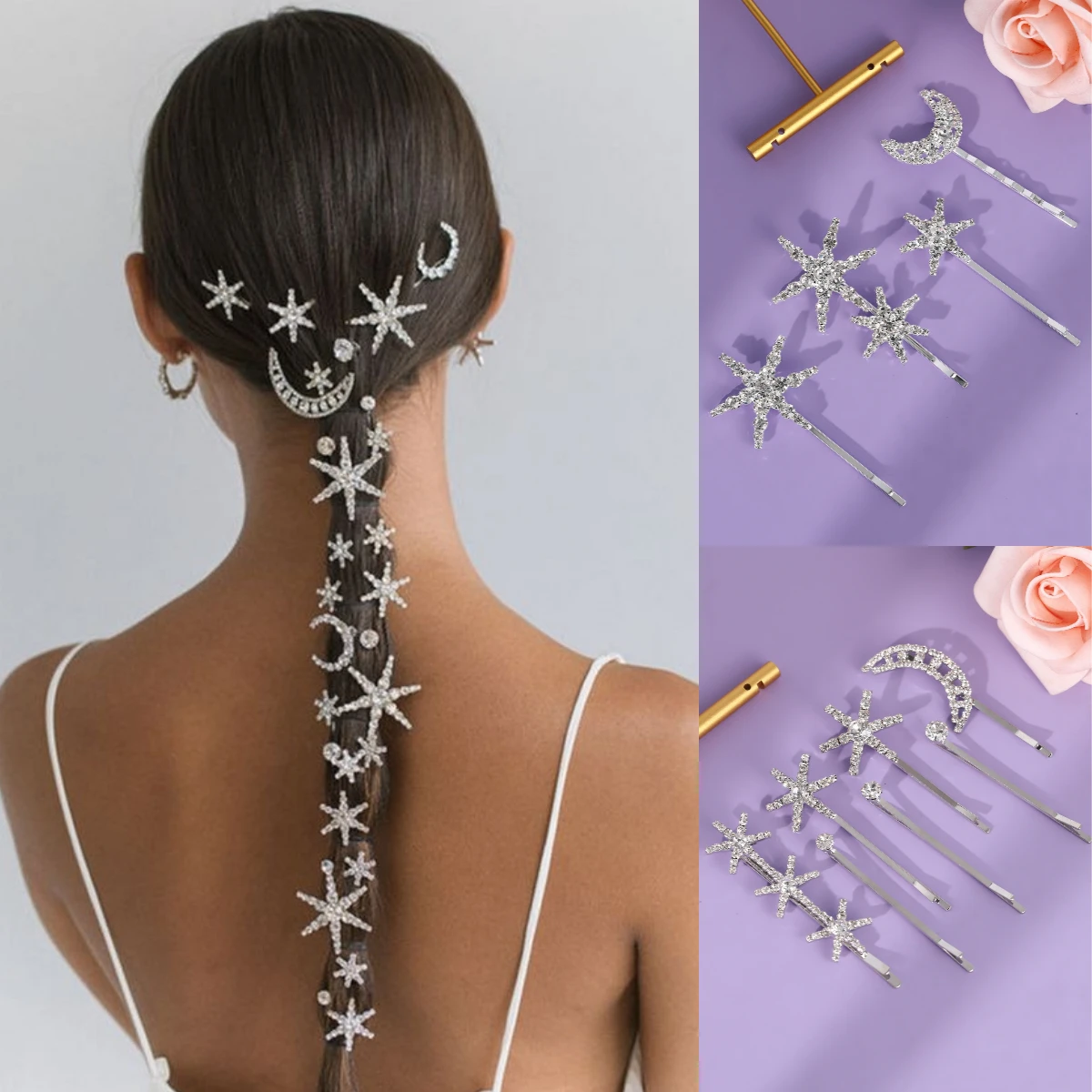 Splitter-Stern- und Mond-Haarspange, exquisite Strass-Haarspange für Frauen und Mädchen, Urlaub, Party, Haarnadeln, Kopfbedeckungen als Geschenk