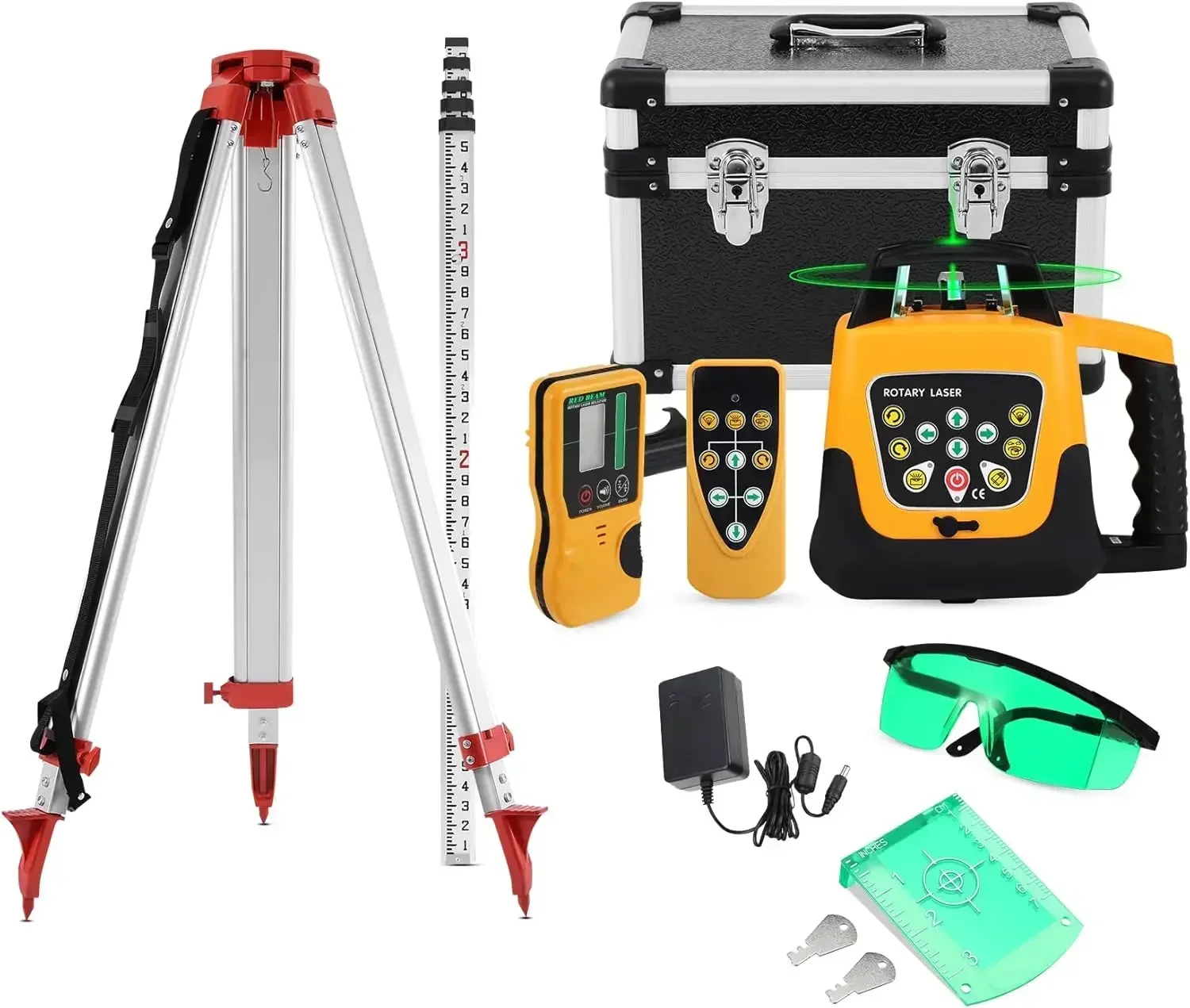Self Leveling Rotary Laser Level System 500M Range Kit with Surveying Tripod + Aluminum Grade Rod 16.4Ft Green Automatic
