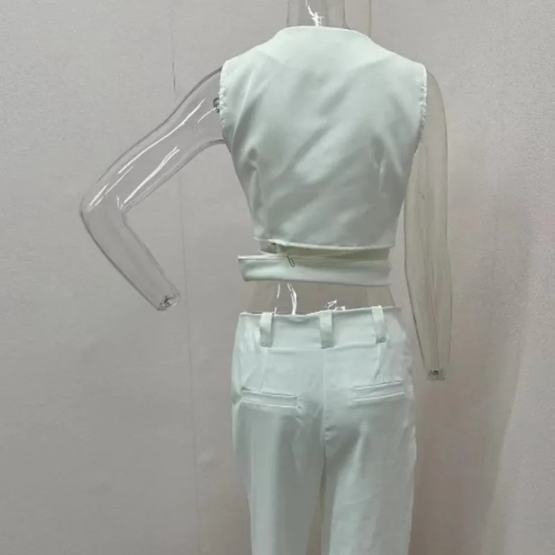 Sexy Backless Women Pants Suits Slim Fit Fashion Sweet Style V-Neck Sleeveless Metal Buckle Vest High Waist Solid Wide Leg Pants