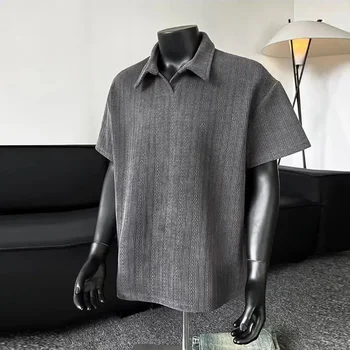 Polo a Maniche Corte da Uomo in Maglia a Coste a Spina di Pesce, Top Casual Oversize